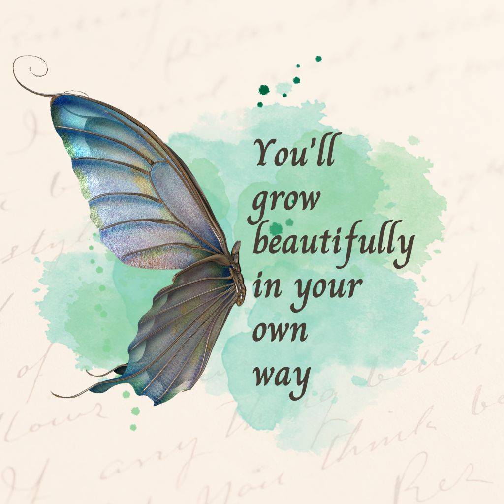 a butterfly image with a motivational quote written in a green paint