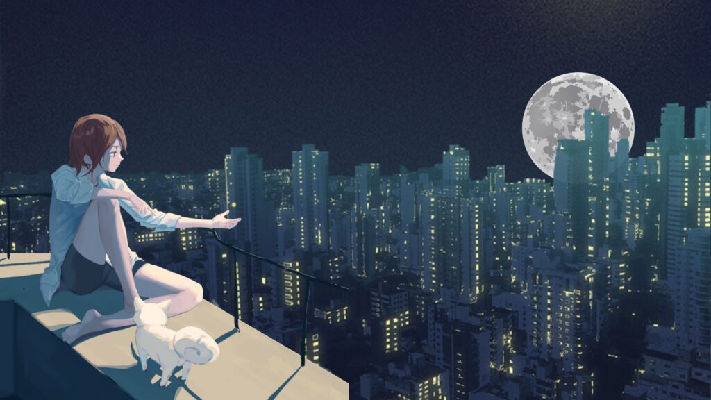 a Lofi image of a girl sitting on the top of a building watching the moon and the city in the night