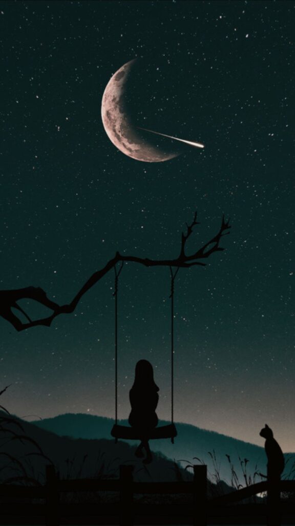 dark mobile wallpaper with a girl swing is swinging watching the sky