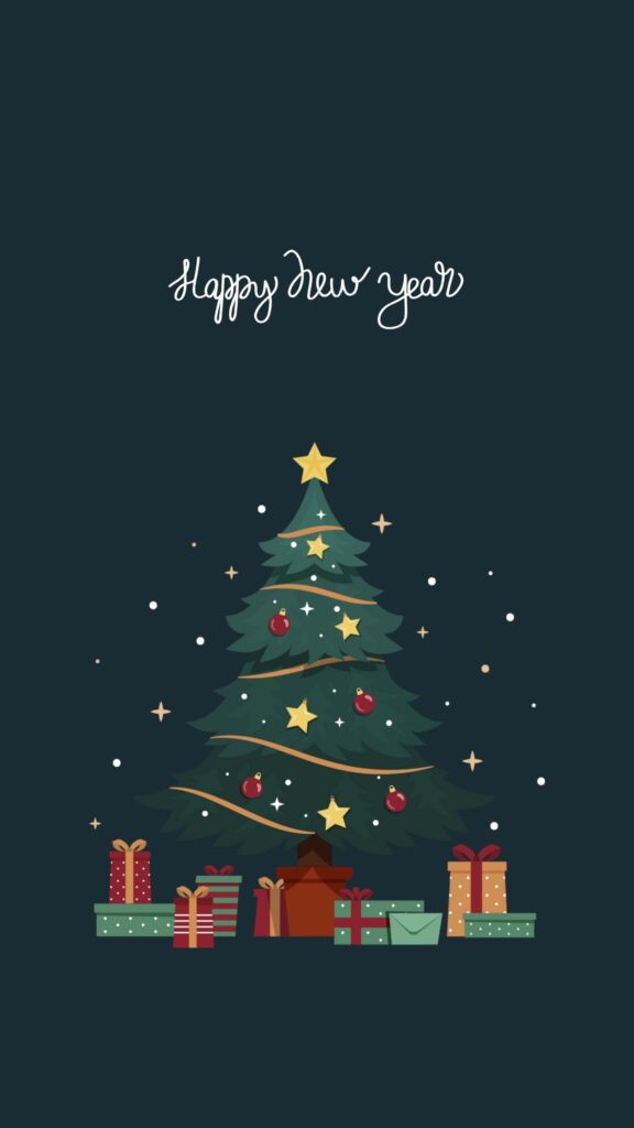 happy new year mobile wallpaper with tree and gifts