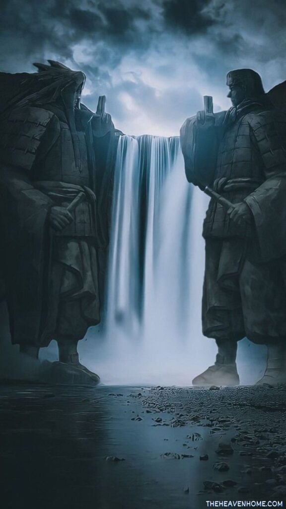 madara and tobirama statue with a beautiful waterfall wallpaper for mobiles hd