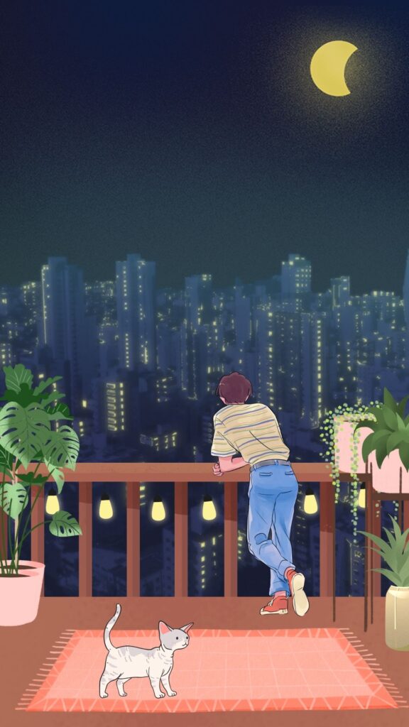 a boy standing on balcony in night anime life wallpaper for mobile