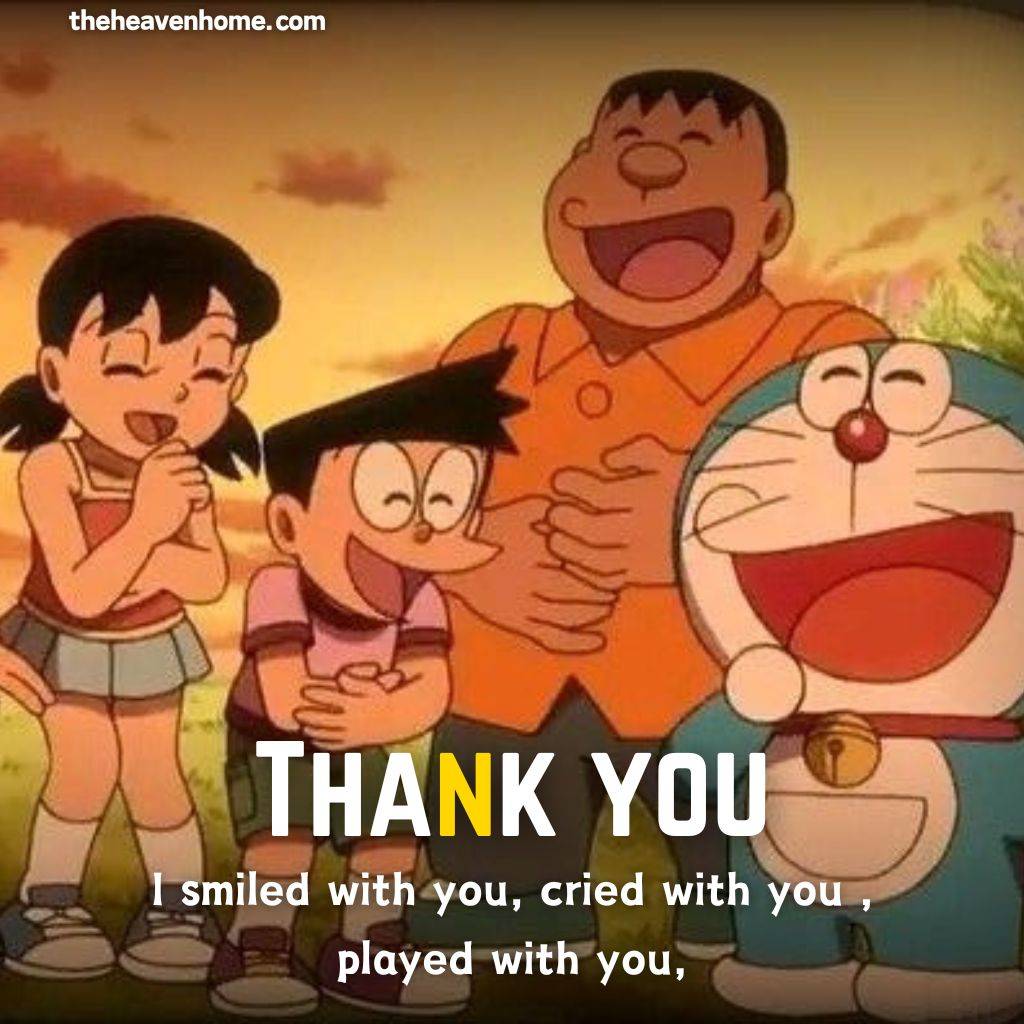 Doraemon laughing image with a thank you quote