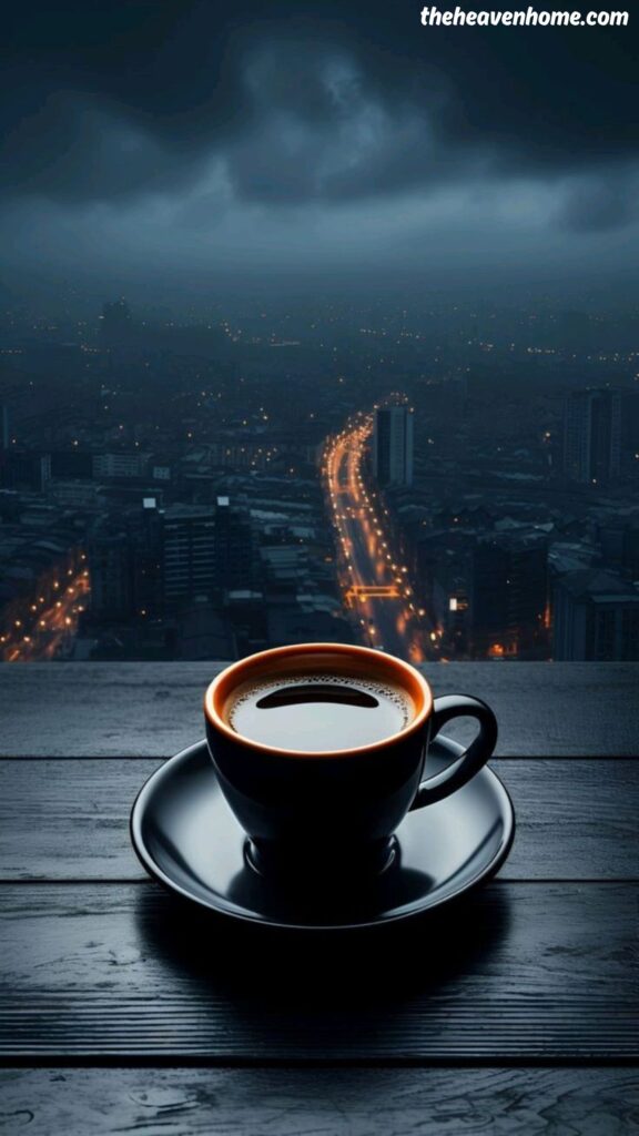 a cup of black coffee with a city view wallpaper for mobile