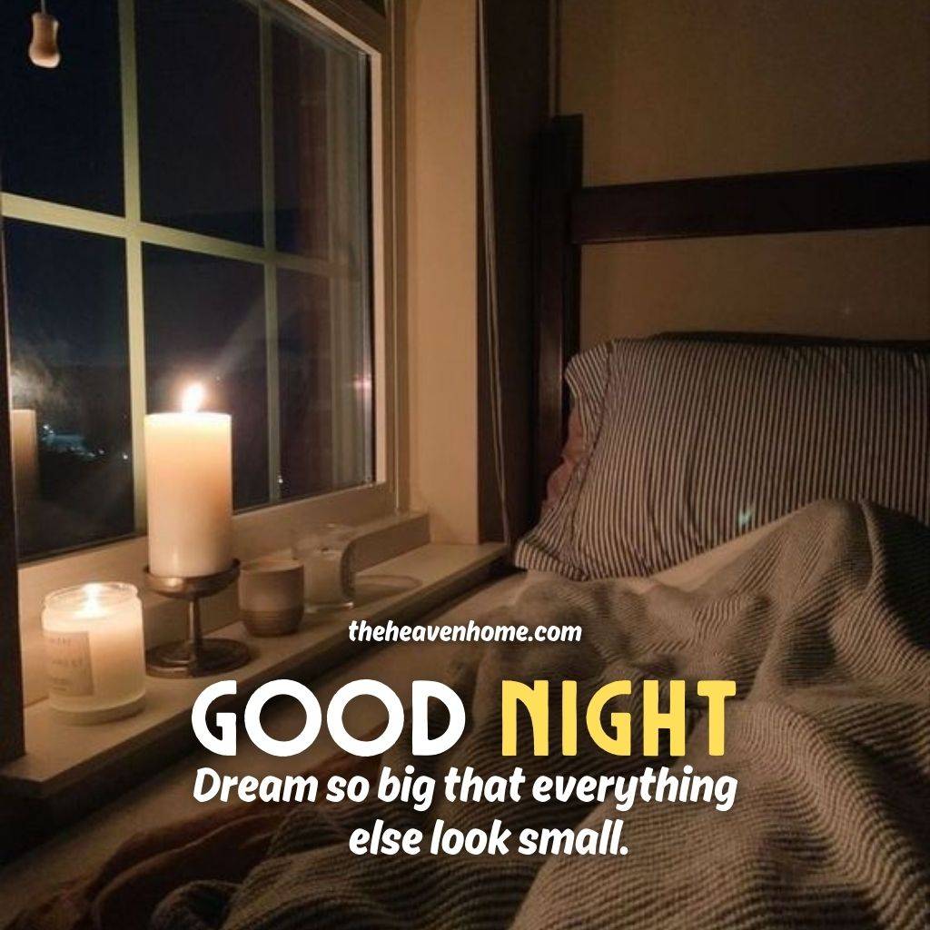 a cossy bed night image with love candles - good night quote image