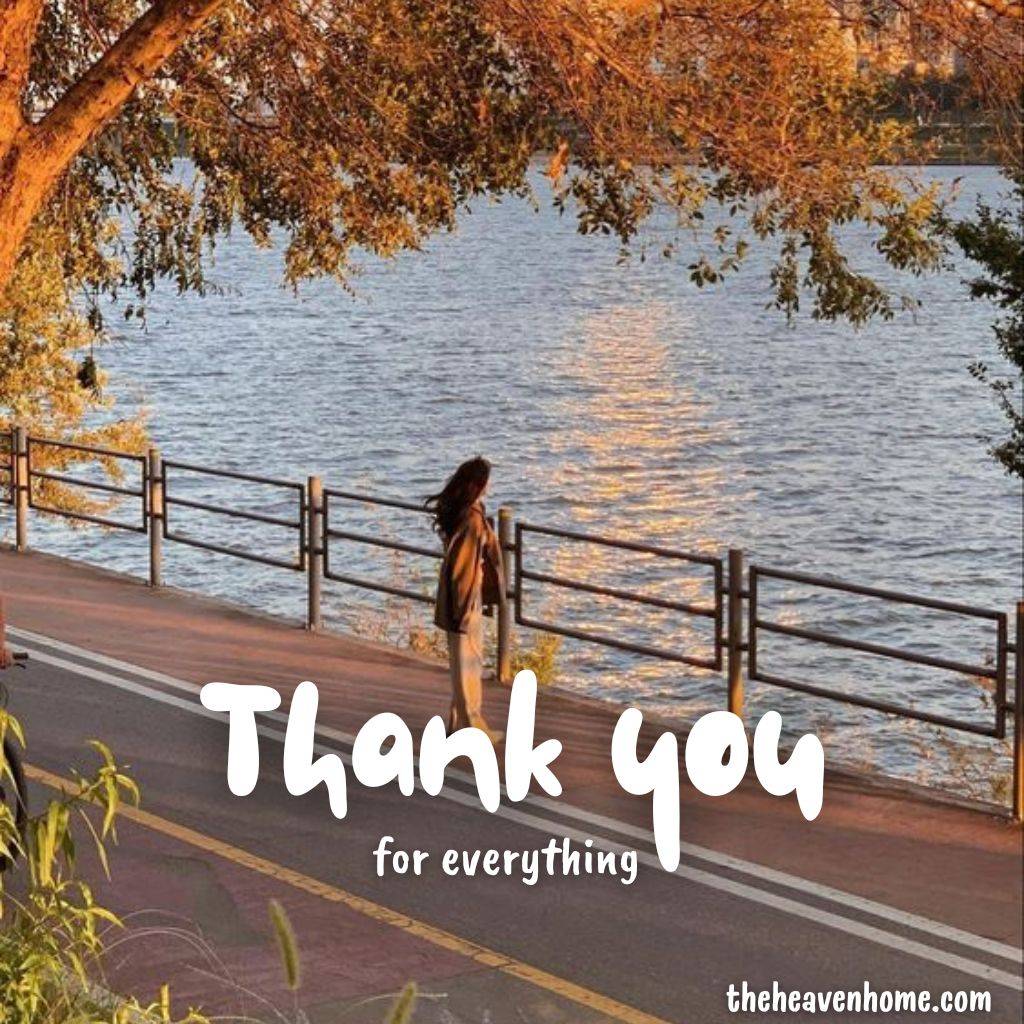 a girl standing near a beautiful lake image with a thank you wish