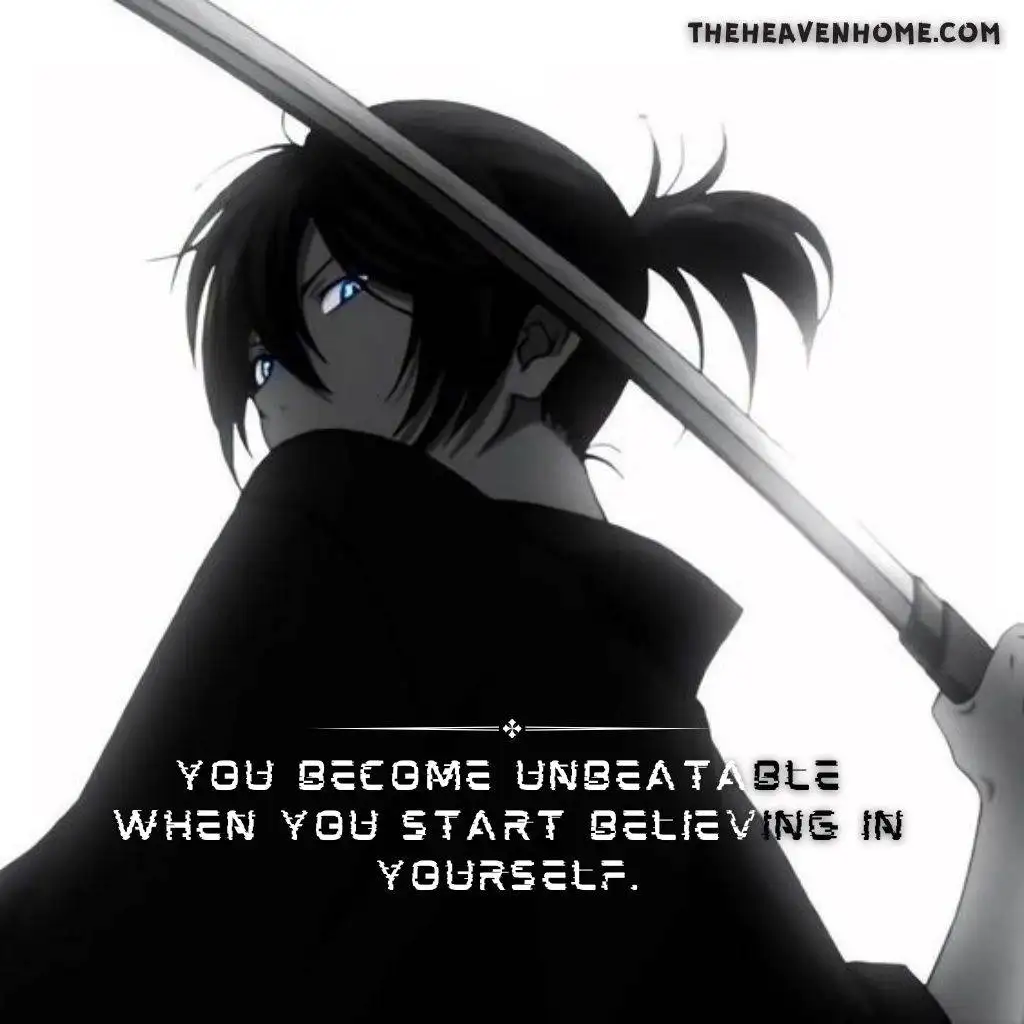 a badass anime boy with a sword and a motivational life quote