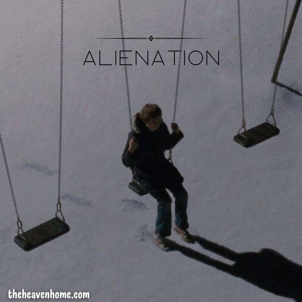 a sad boy sitting in a swing image with a english word alienation