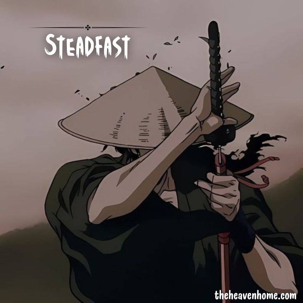 a samurai with his sword image with a english word steadfast