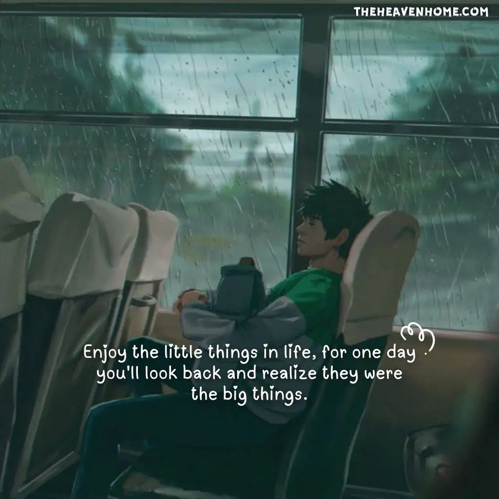 a sad boy travelling in a bus in rainy weather image