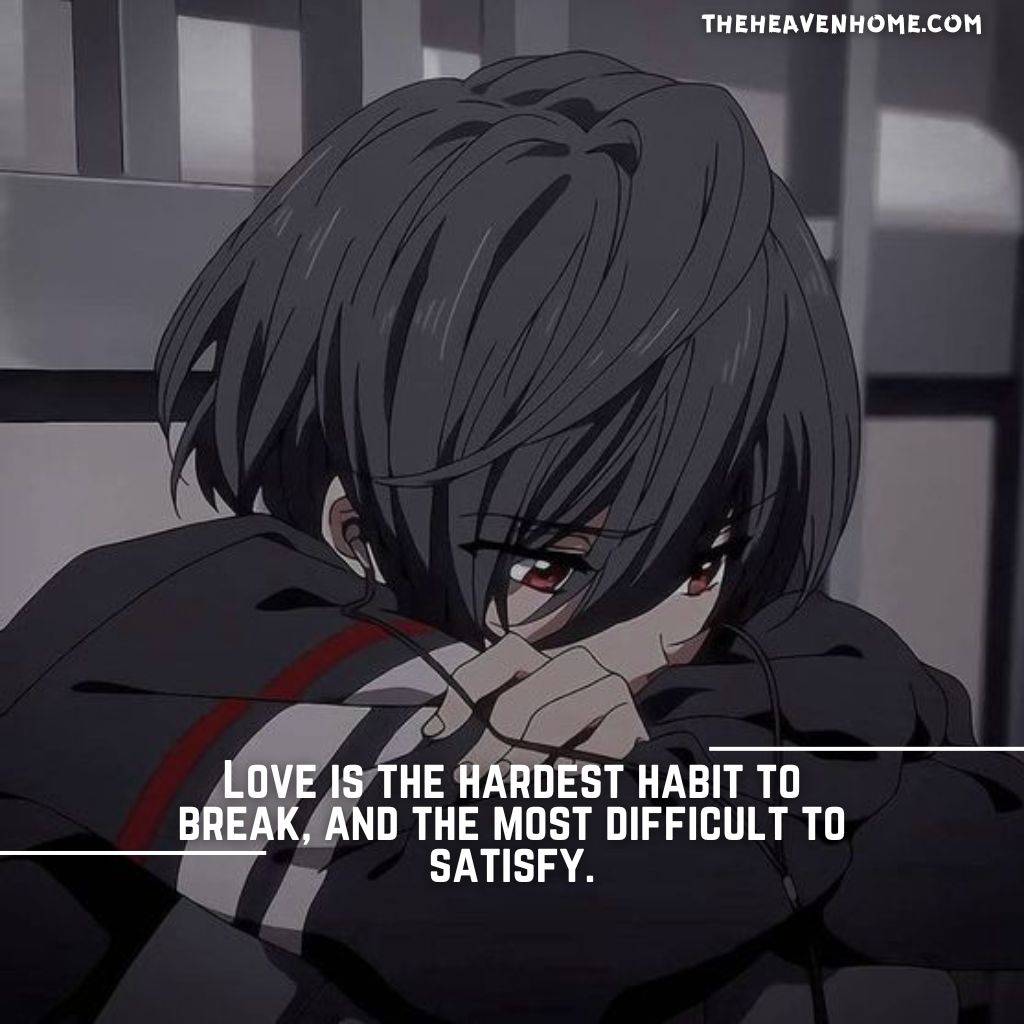 A sad anime high school boy image with a love quote