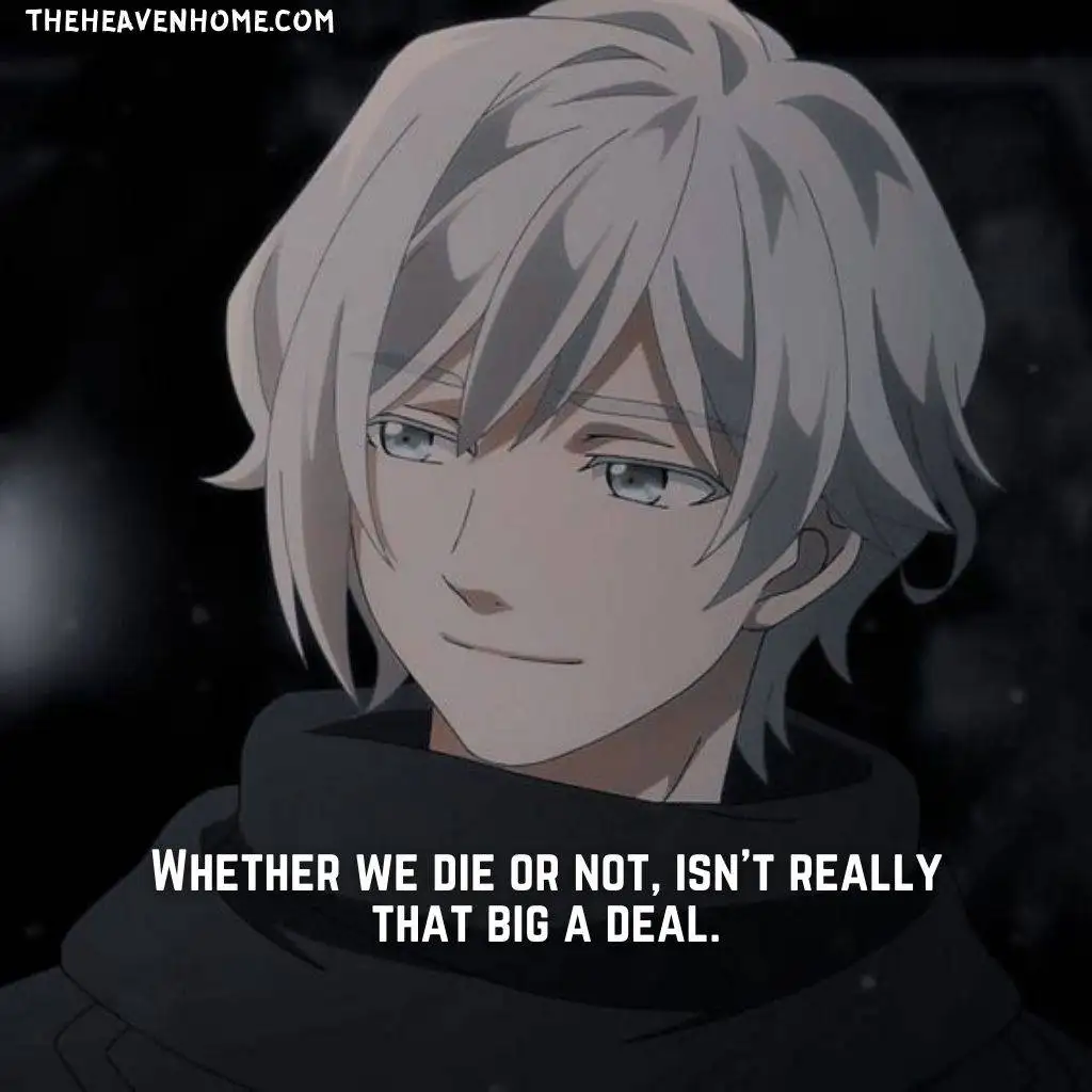 a calm anime boy smiling image with a death quote