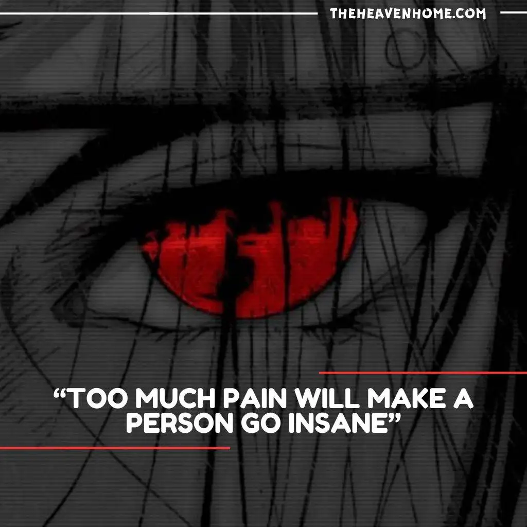 Itachi uchiha dark sharingan image with a pain quote