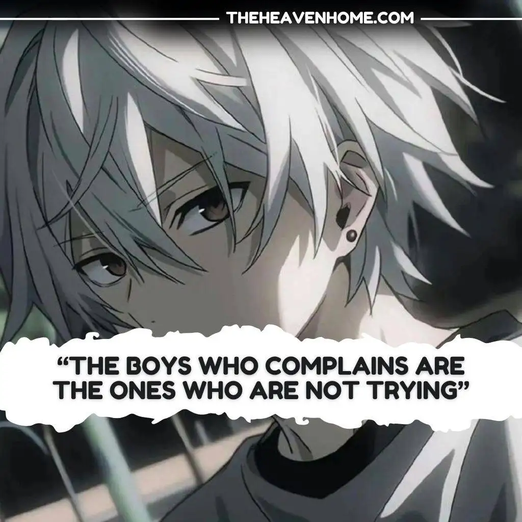 A silver-haired anime character with a calm, serious expression and a life quote