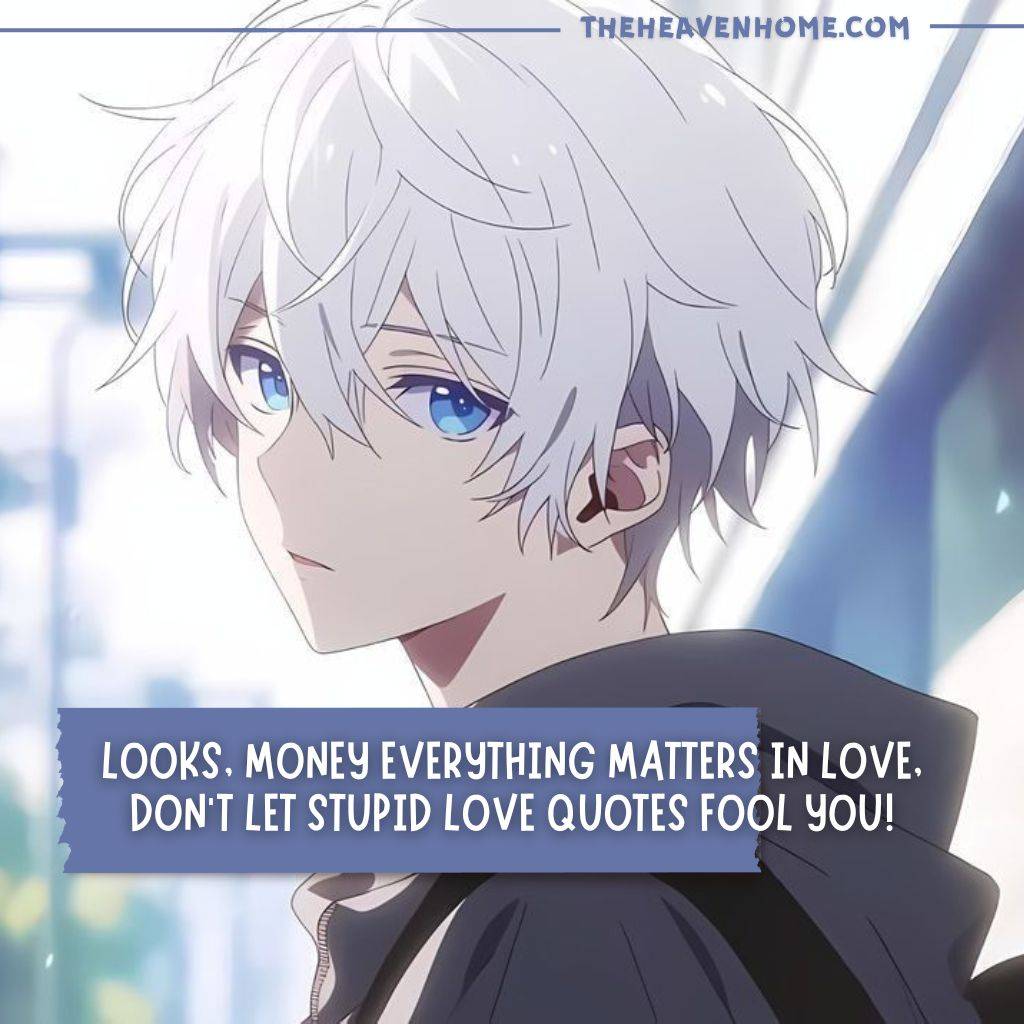 A white-haired anime character with blue eyes, gazing off to the side with a calm and serious expression. The background is bright and slightly blurred. The text reads: "Looks, money, everything matters in love. Don’t let stupid love quotes fool you!"