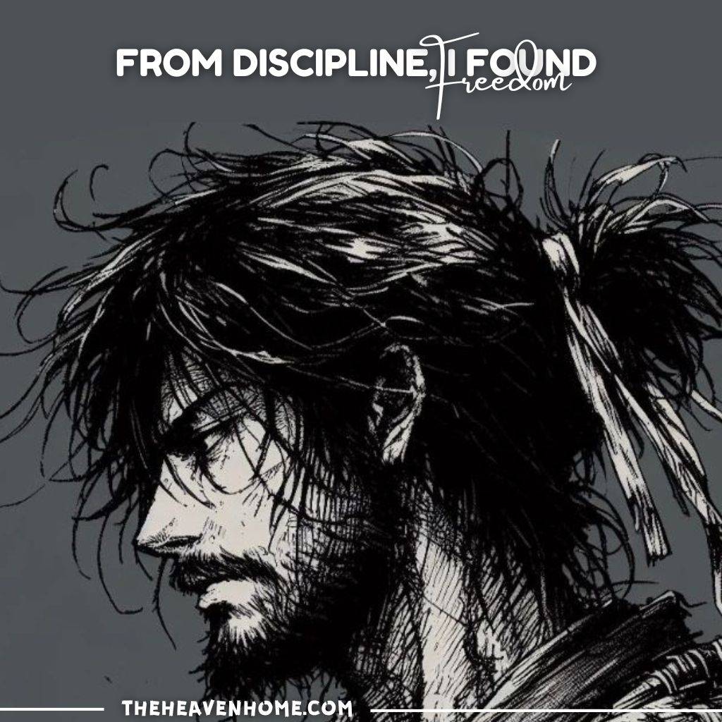 Black and white image of a men with long hairs and a quote " From discipline, I found freedom "