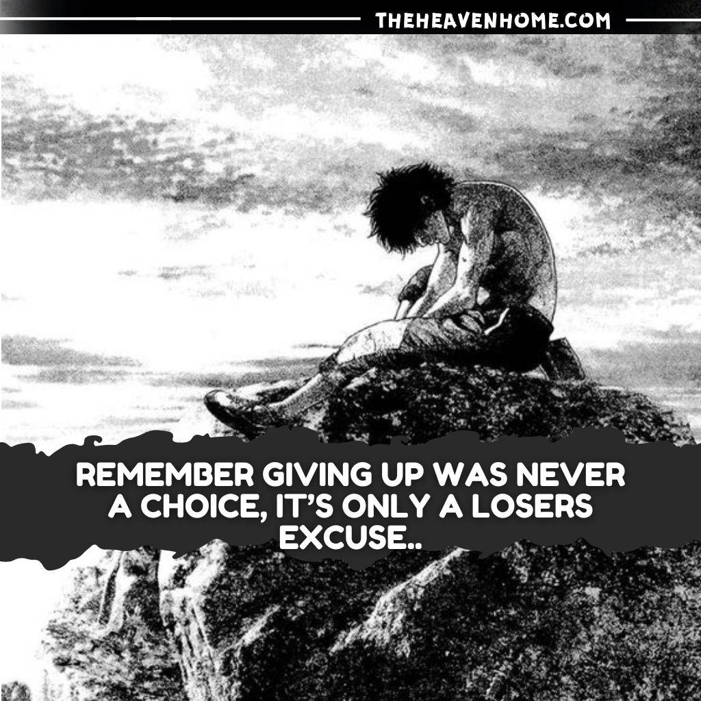 black and white image of a warrior sitting on a rock with a quote "Remember giving up was never a choice, it’s only a losers excuse.."