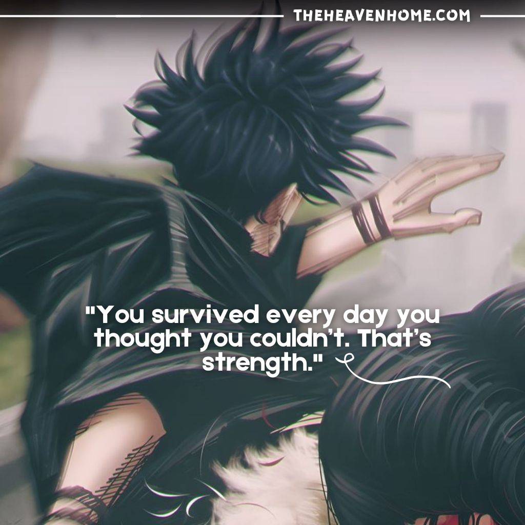 "A blurry image of an anime boy with black hair and a flowing black cape, symbolizing resilience. The quote reads, 'You survived every day you thought you couldn’t. That’s strength.'"