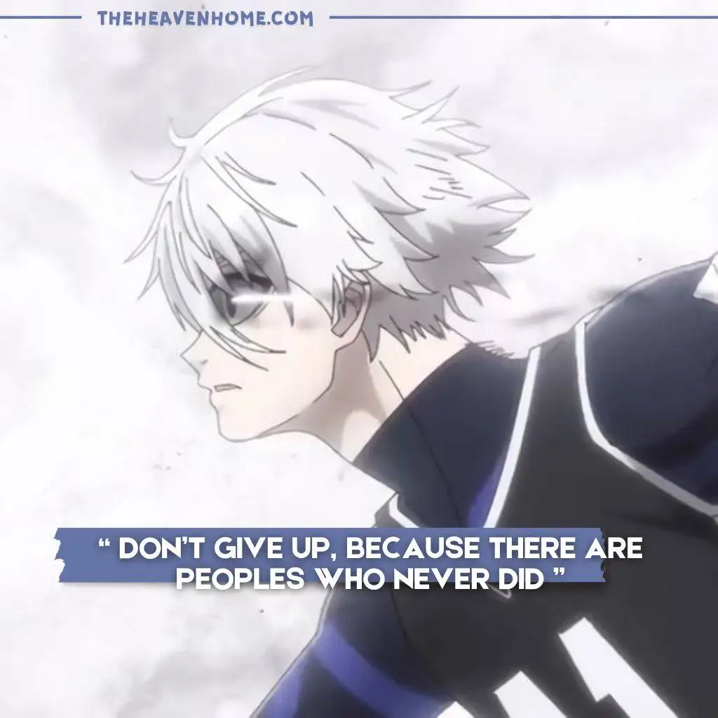 A anime football player running with a win in his eyes image with a never give up quote “ Don’t give up, because there are peoples who never did ”