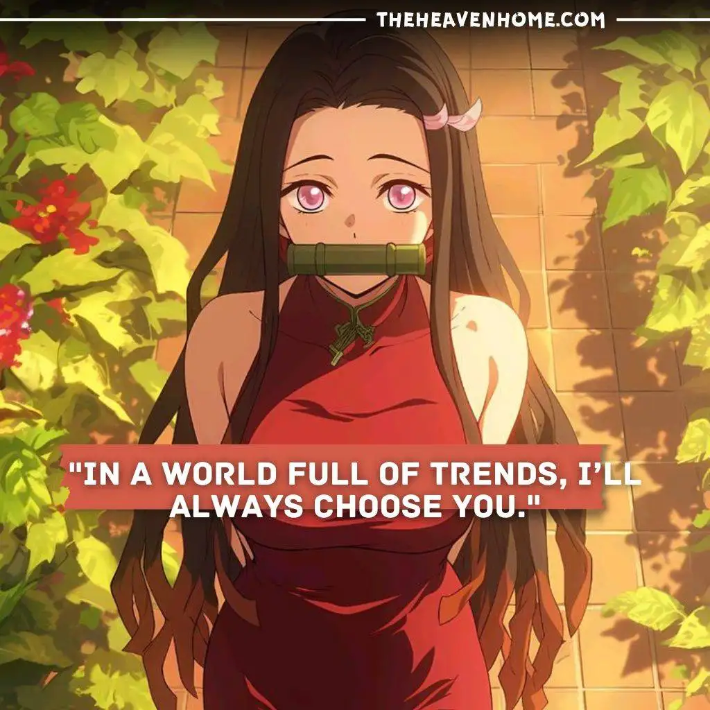 "Charming anime girl with long dark brown hair, wearing a red dress and holding a bamboo muzzle in a serene garden. Text overlay: 'In a world full of trends, I’ll always choose you.' Reflects sweetness and loyalty."