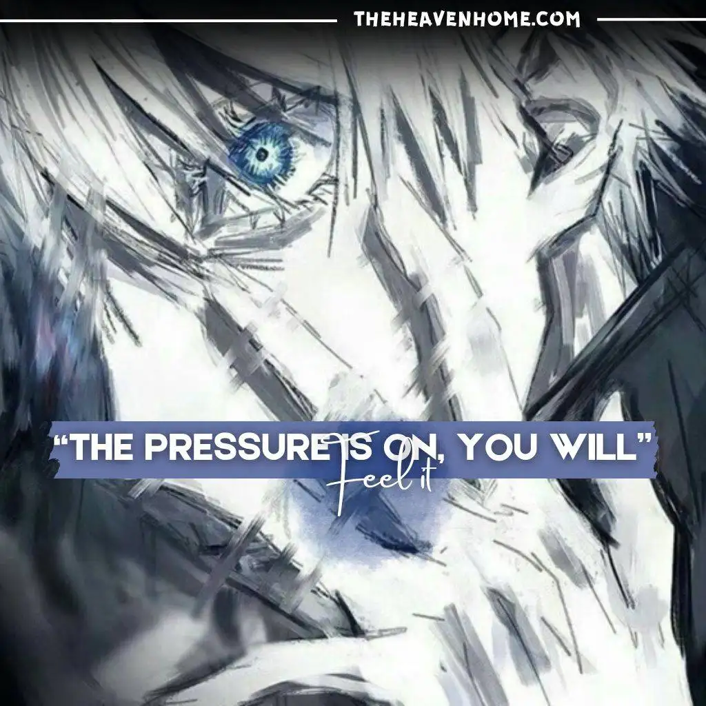 "White-haired anime character with piercing blue eyes and a quote about handling pressure."