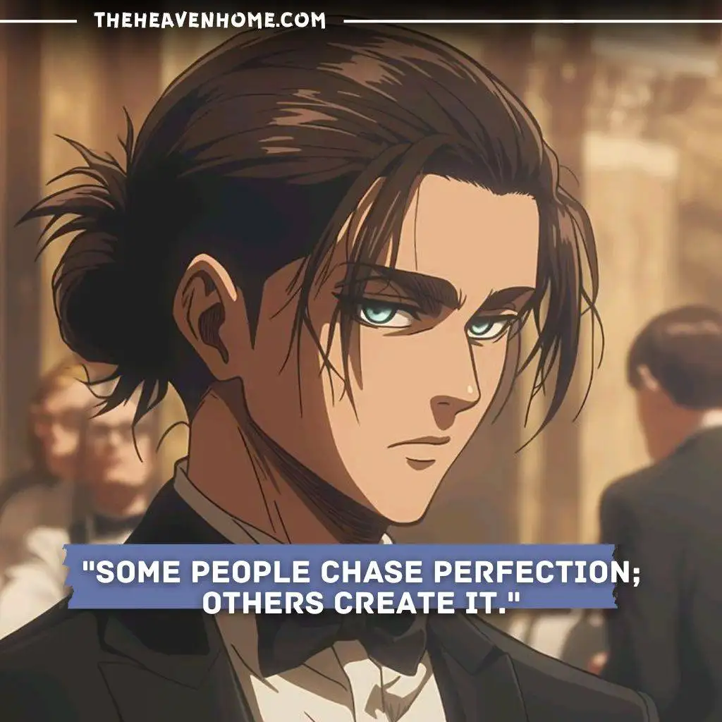 "Anime-inspired man with long hair wearing a tuxedo at a formal event, with the quote: 'Some people chase perfection; others create it.'"