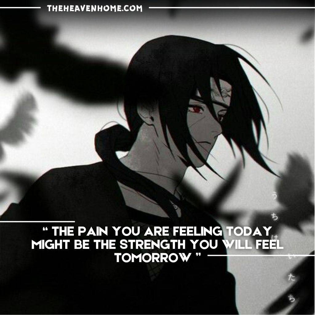 "Anime character with long black hair and red eyes, looking distant with birds in the background. Caption: 'The pain you are feeling today might be the strength you will feel tomorrow.'"