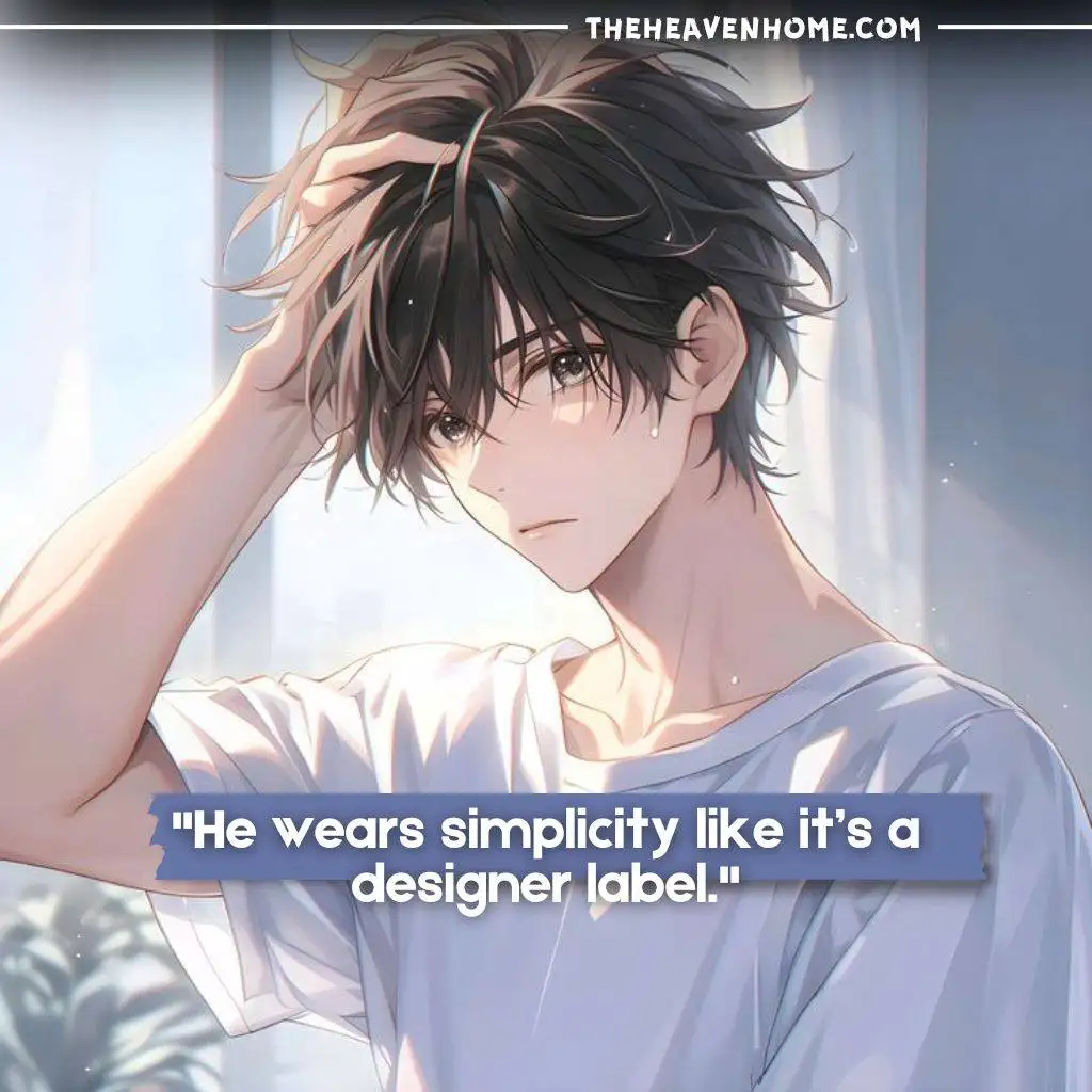 "Handsome anime boy with tousled dark hair wearing a casual white shirt, standing by a window with natural light, alongside the quote 'He wears simplicity like it’s a designer label.'"