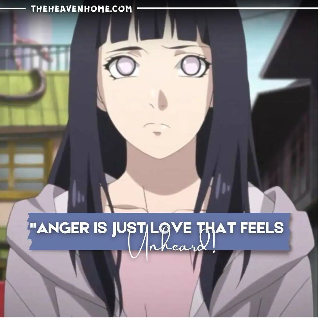 "Anime girl with dark hair and white eyes, looking emotional, with the quote 'Anger is just love that feels unheard.'"