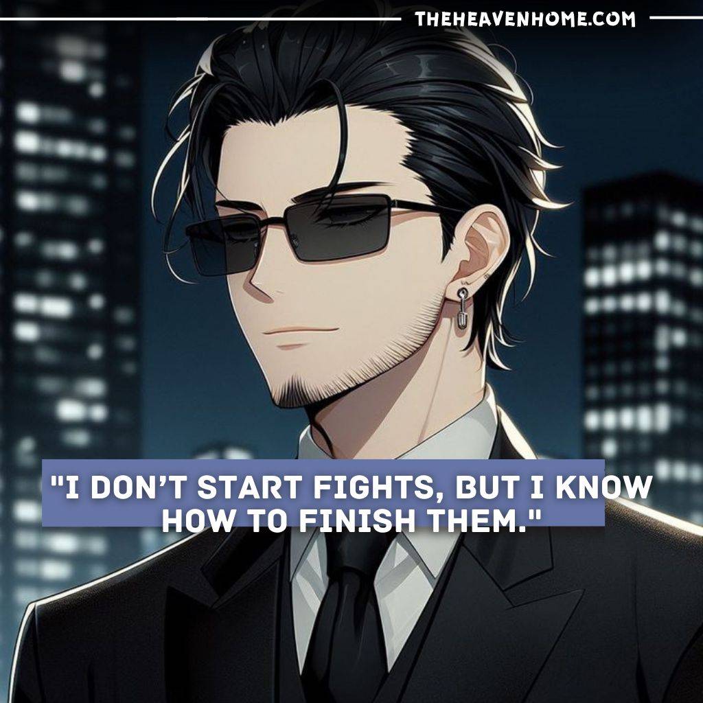 A sleek AI-generated boy in a black suit and sunglasses, wearing a subtle, confident smile, exuding power and elegance with a relaxed yet dominant attitude - sigma boys quotes