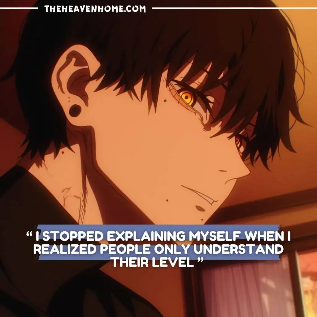 A badass anime boy with a dark look in his eyes with a quote that says “ I stopped explaining myself when I realized people only understand their level ”