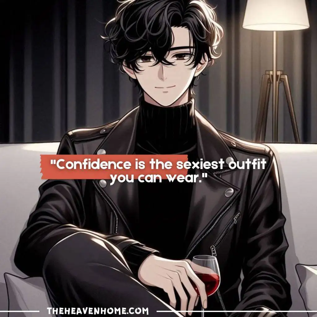 "Anime-style man with black curly hair in a leather jacket, holding a glass of wine, with the quote: 'Confidence is the sexiest outfit you can wear.'"