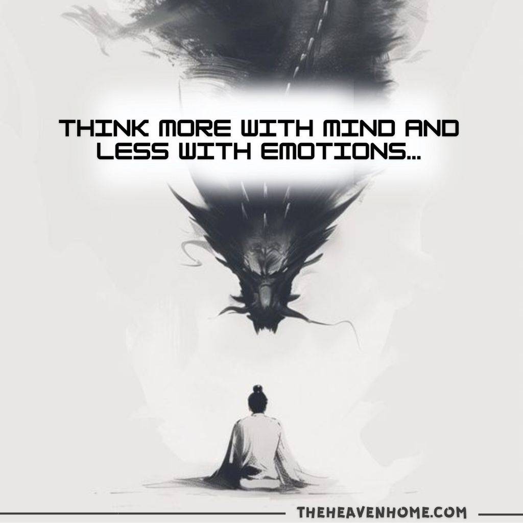 "Serene anime scene of monk and dragon with a quote: 'Think more with mind and less with emotions.'"