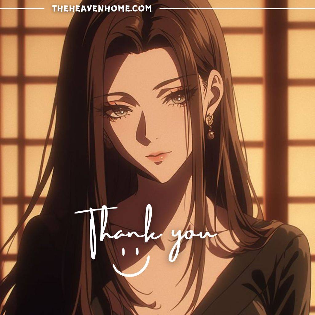 A beautiful anime women in black dress image with a Thank you text