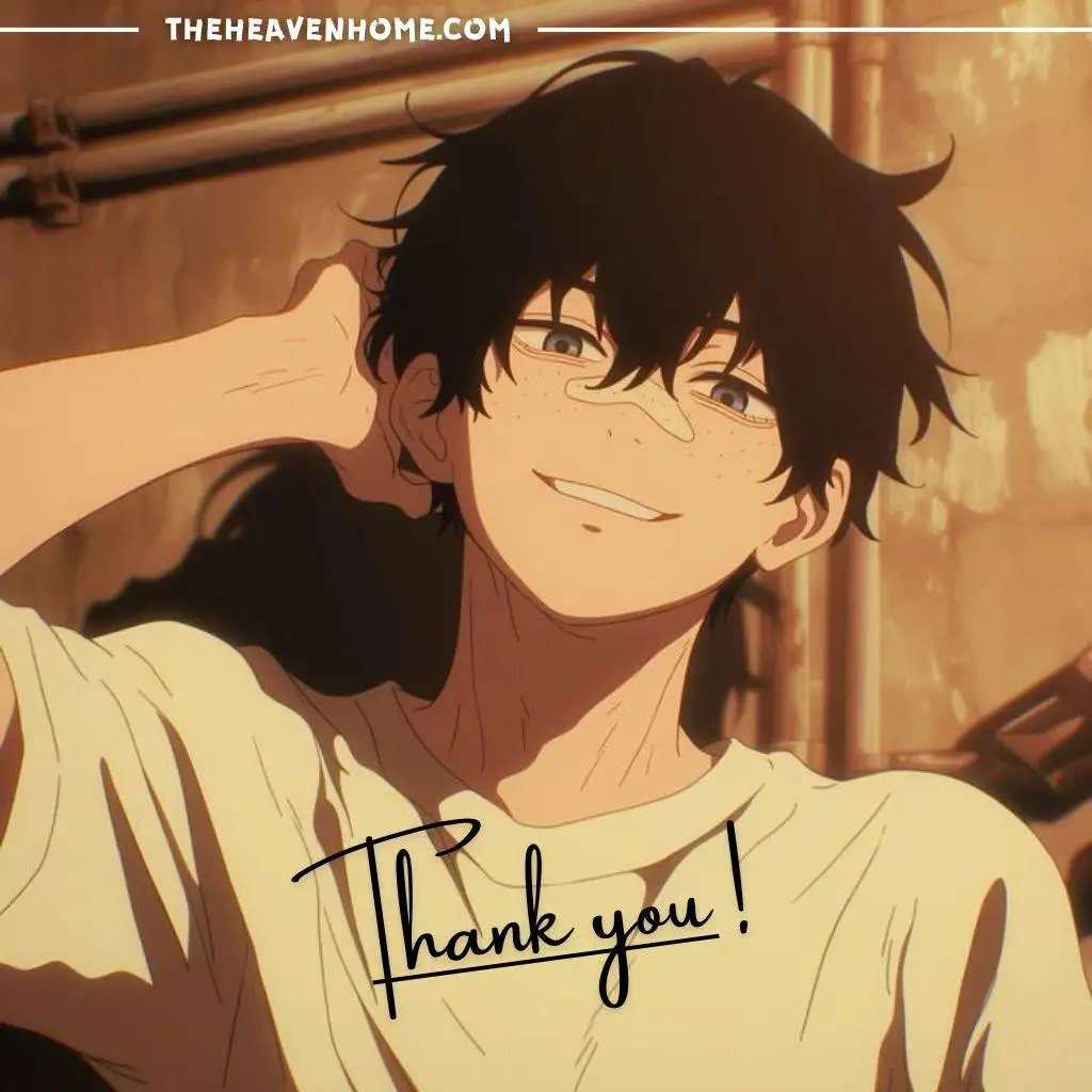 An anime boy smiling image with a " Thank you " text