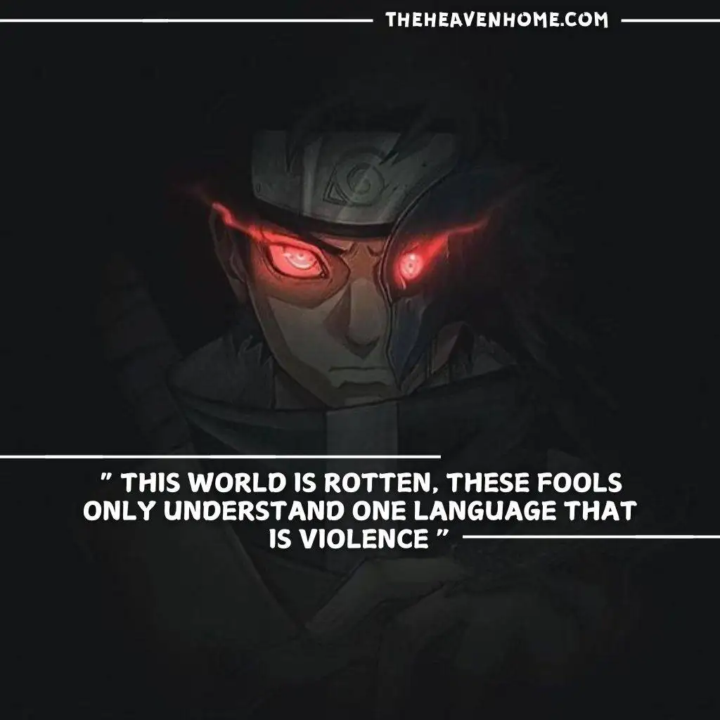 "Masked character with intense glowing red eyes, expressing the thought: 'This world is rotten, these fools only understand the language of violence.'"