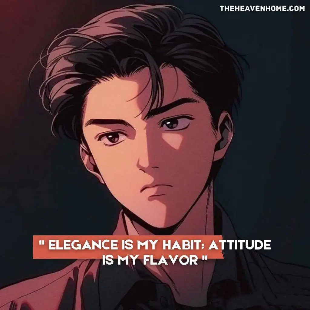 AI-generated image of a handsome anime boy with an elegant appearance, paired with a stylish quote: 'Elegance is my habit; attitude is my flavor.' From TheHeavenHome.com.