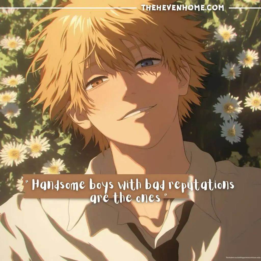 Handsome anime boy with striking yellow hair and a confident smirk, embodying a bad-boy aura, captioned 'Handsome boys with bad reputations are the ones.'