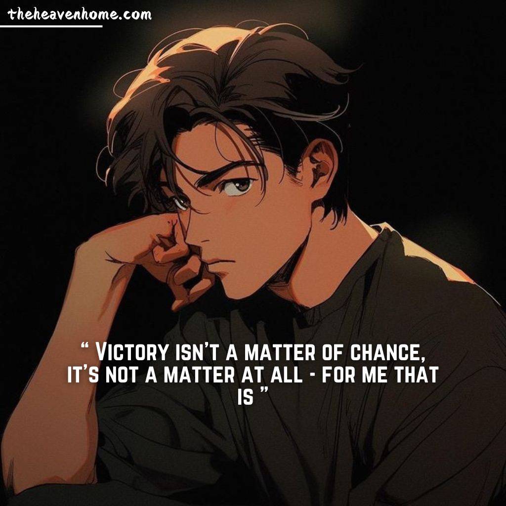 Anime-style illustration of a confident young man sitting in a thoughtful pose with the quote: 'Victory isn’t a matter of chance, it’s not a matter at all—for me that is,' by theheavenhome.com.