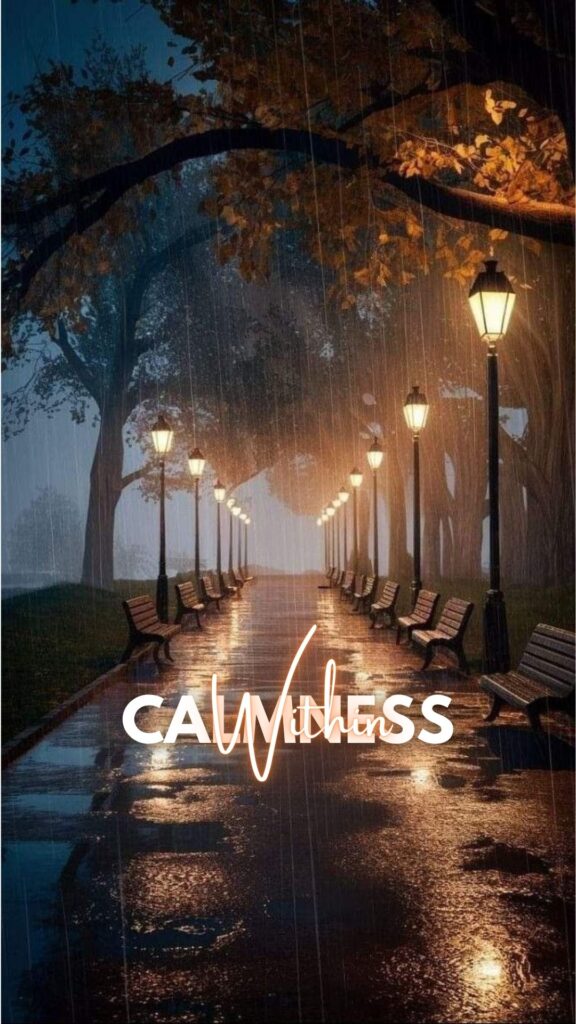 Beautiful streetlights glowing softly on a rainy night, illuminating a peaceful street with the quote 'Calmness Within' for mobile wallpaper.