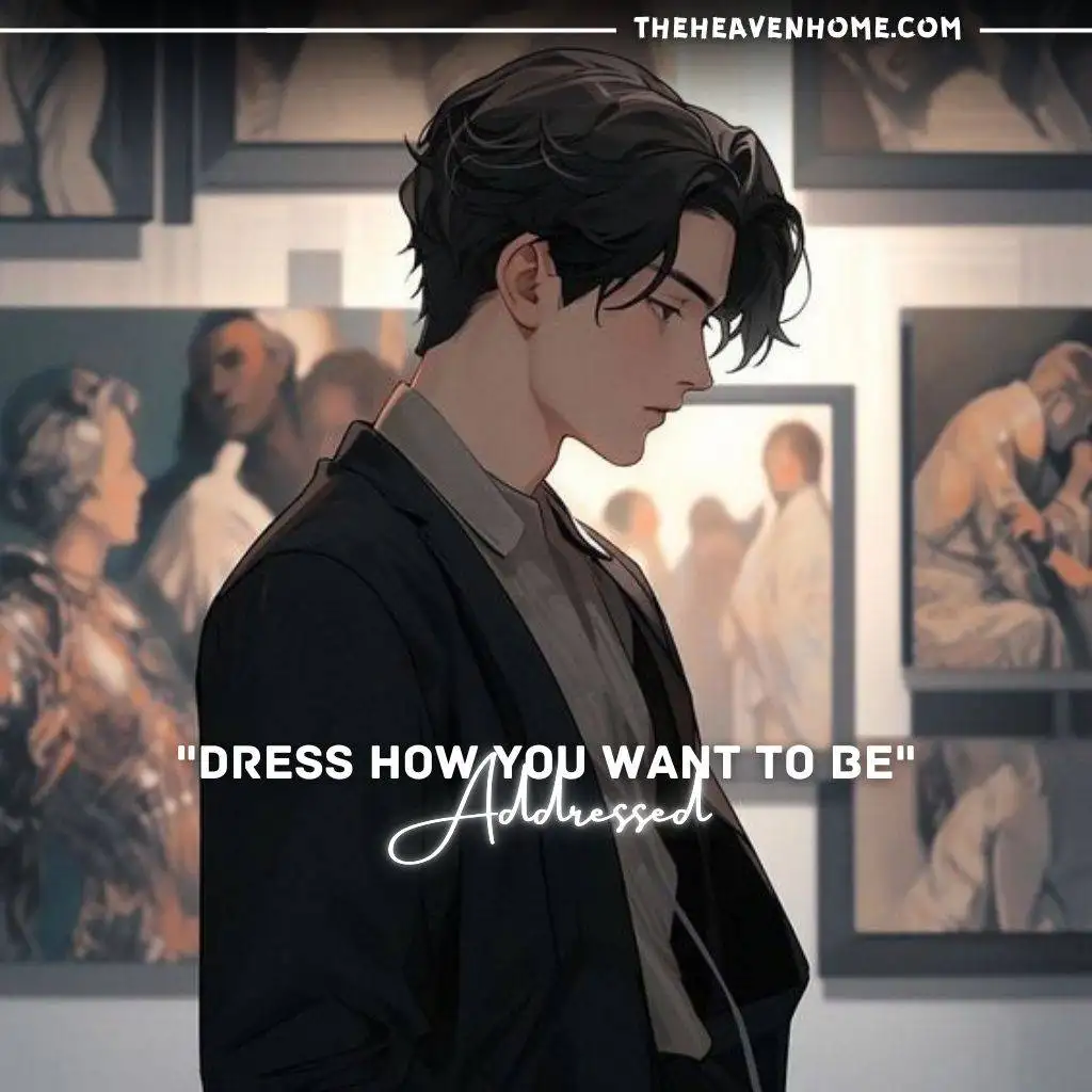 "Stylish anime character dressed in formal attire, looking sophisticated in an art gallery. Quote: 'Dress how you want to be addressed.'