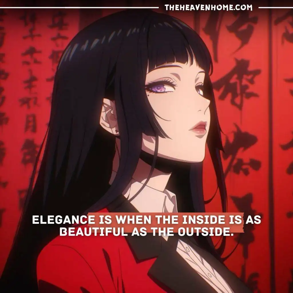 a sexy and classy anime girl with deep purple eyes image with a quote Elegance is when the inside is as beautiful as the outside.