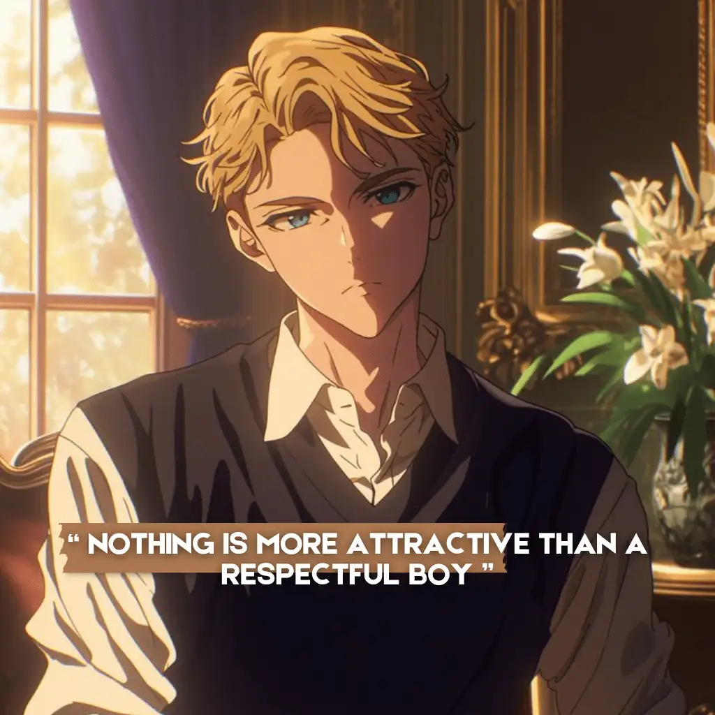 Elegant anime boy with blonde hair, dressed in a vest and white shirt, sitting in a luxurious room with sunlight streaming in. Text overlay: 'Nothing is more attractive than a respectful boy.'