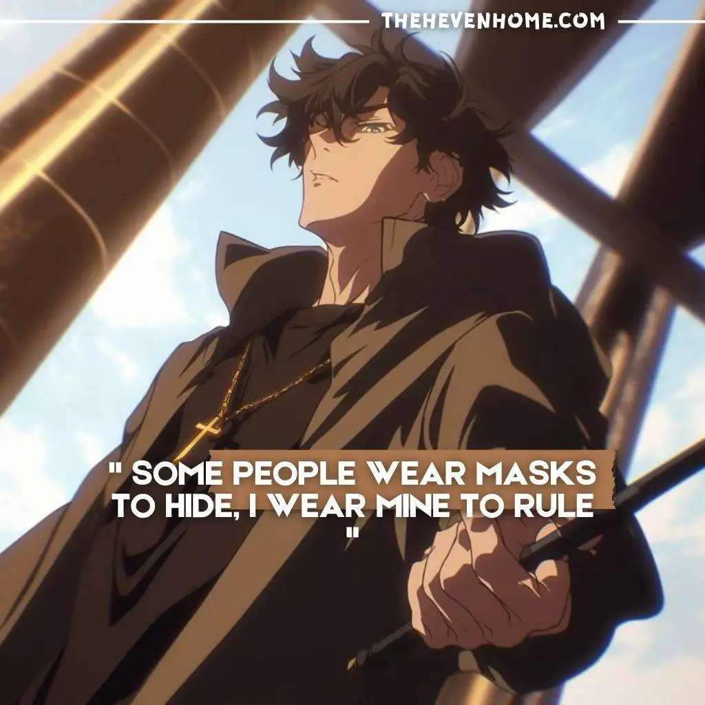 Anime-style character with dark hair holding a cane under a bright sky, captioned 'Some people wear masks to hide, I wear mine to rule' – theheavenhome.com.