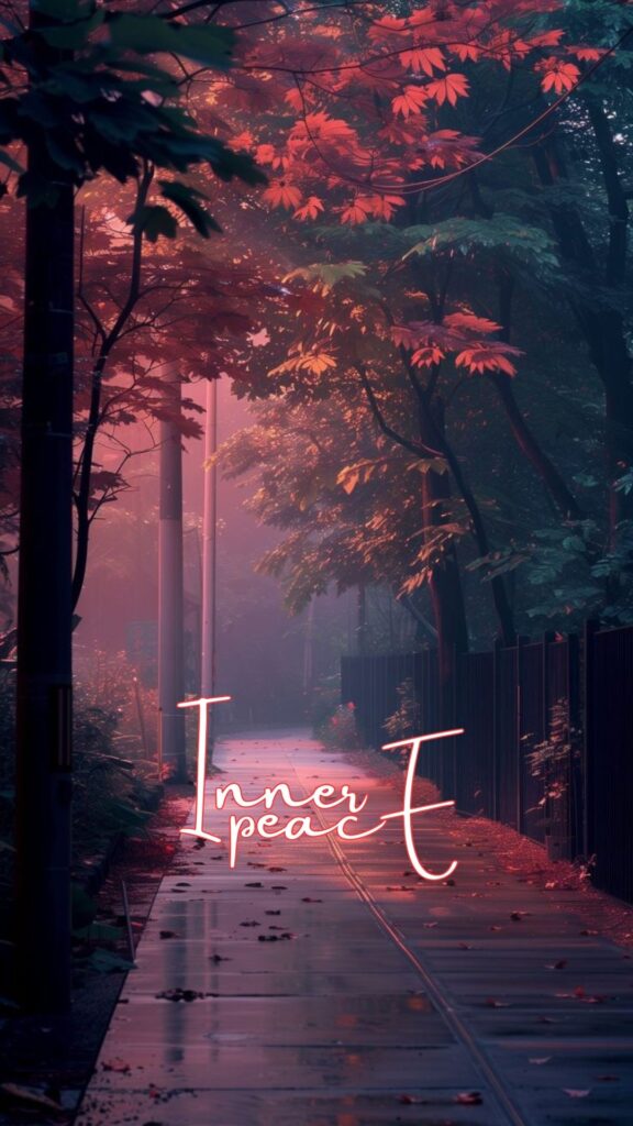 Serene forest path with vibrant red and green leaves, featuring the text 'Inner Peace' in a minimalist font - wallpaper