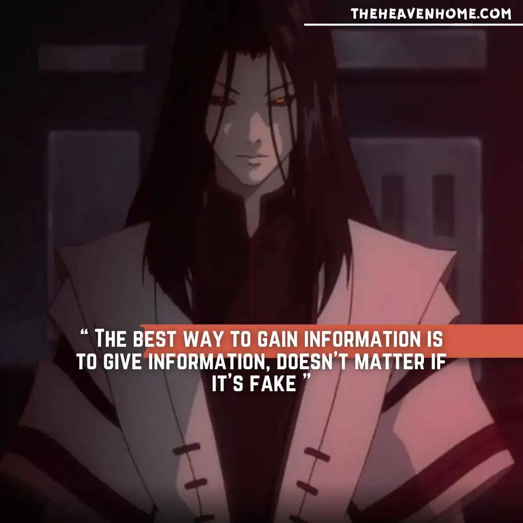 Anime boy dressed like a devil with a cold, calculating expression, featuring a quote: The best way to gain information is to give information, doesn’t matter if it’s fake.