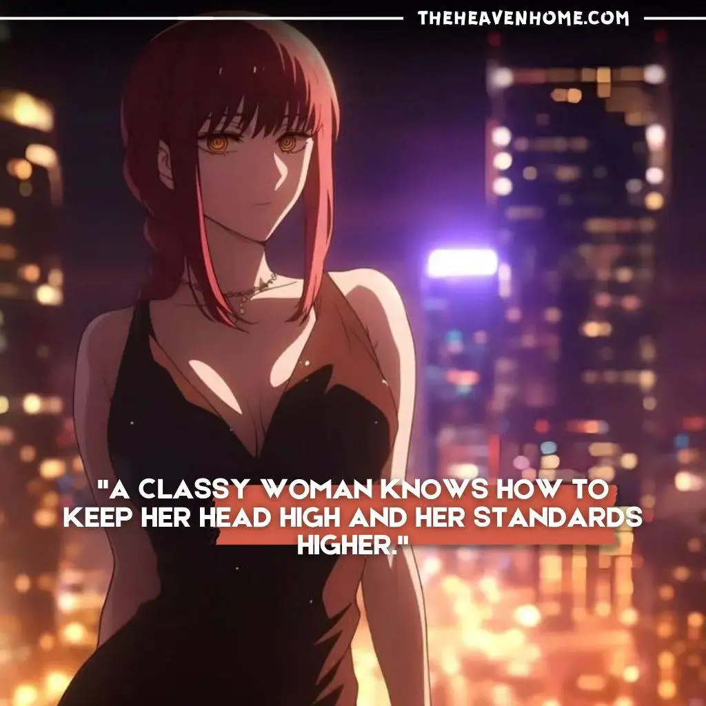 "Elegant anime woman with red hair and a black dress in a cityscape, captioned 'A classy woman knows how to keep her head high and her standards higher.' Represents confidence and high standards."