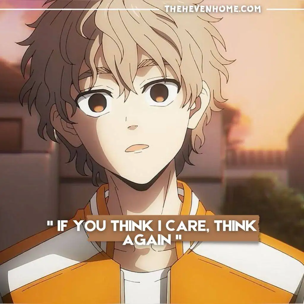 Blonde anime character wearing an orange jacket under a sunset, captioned 'If you think I care, think again' – theheavenhome.com.