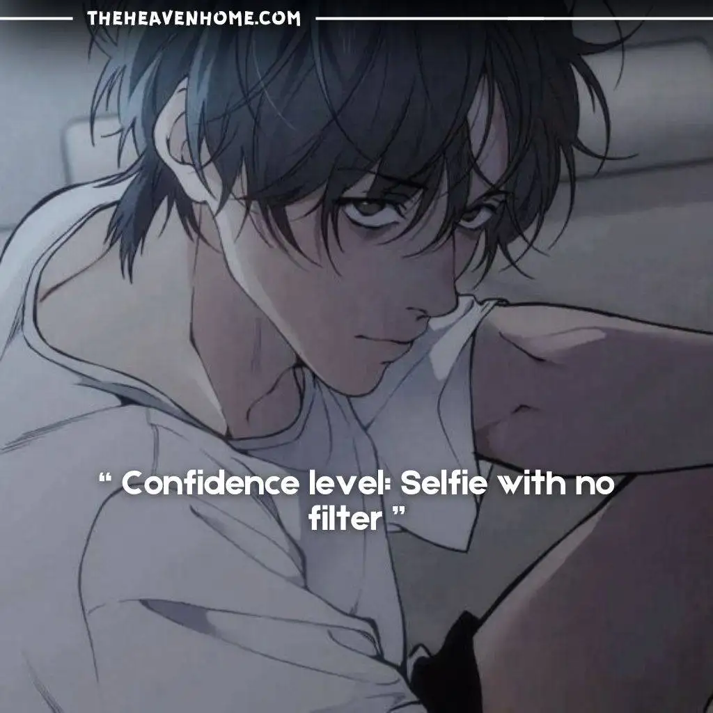 "Confident anime boy taking a relaxed selfie with no filter, exuding self-assurance and natural charisma."