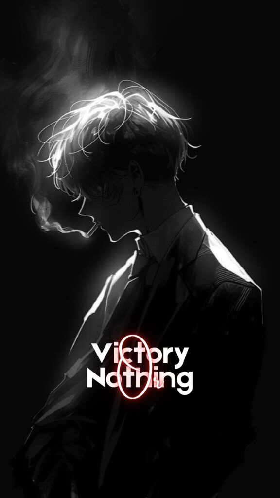 Stylized black-and-white illustration of a person with glowing hair, accompanied by bold text 'Victory or Nothing' in modern typography- quote wallpaper